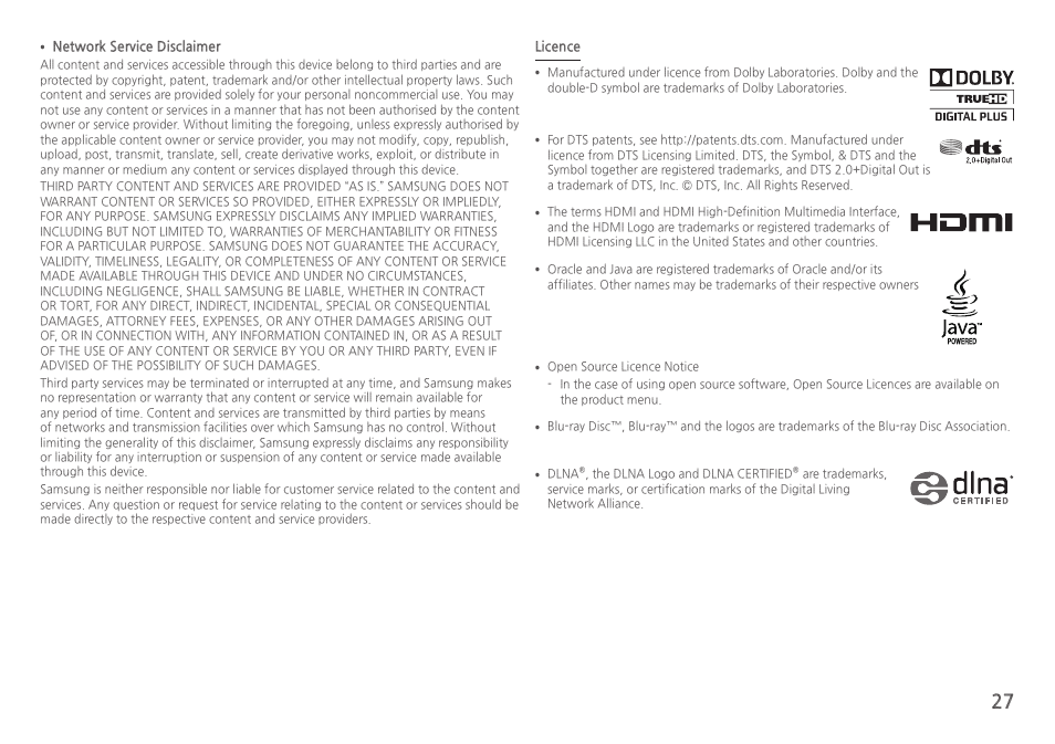 Network service disclaimer, Licence | Samsung BD-HM57C-ZA User Manual | Page 27 / 29