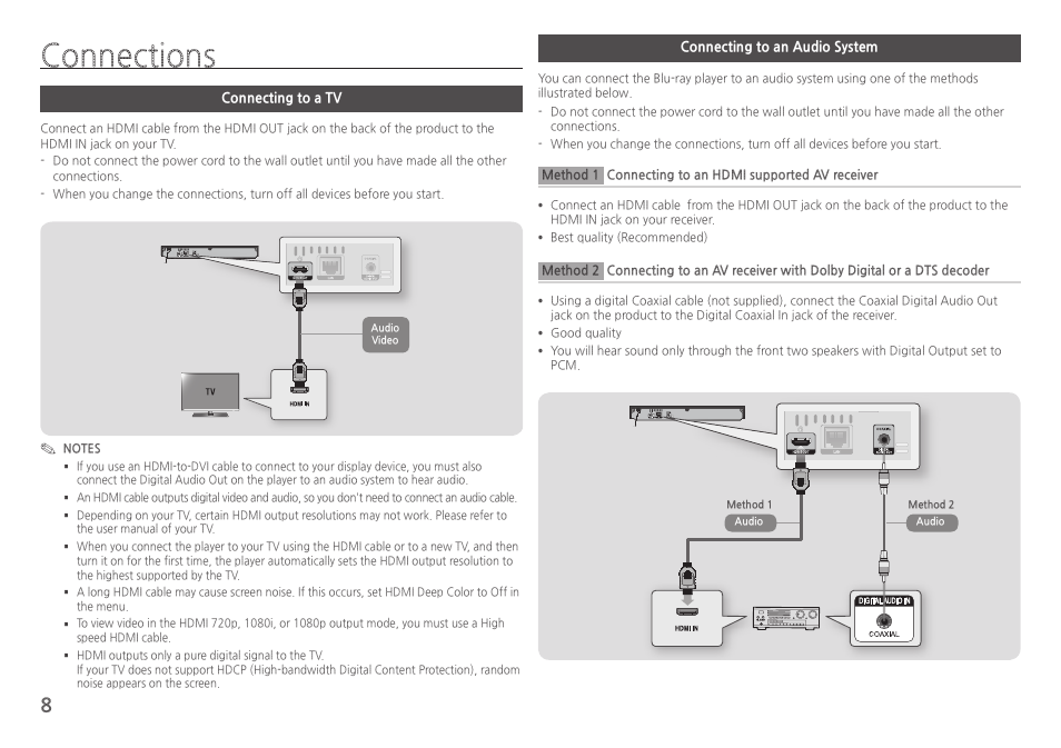 Connections, Connecting to a tv, Connecting to an audio system | Samsung BD-HM57C-ZA User Manual | Page 8 / 29