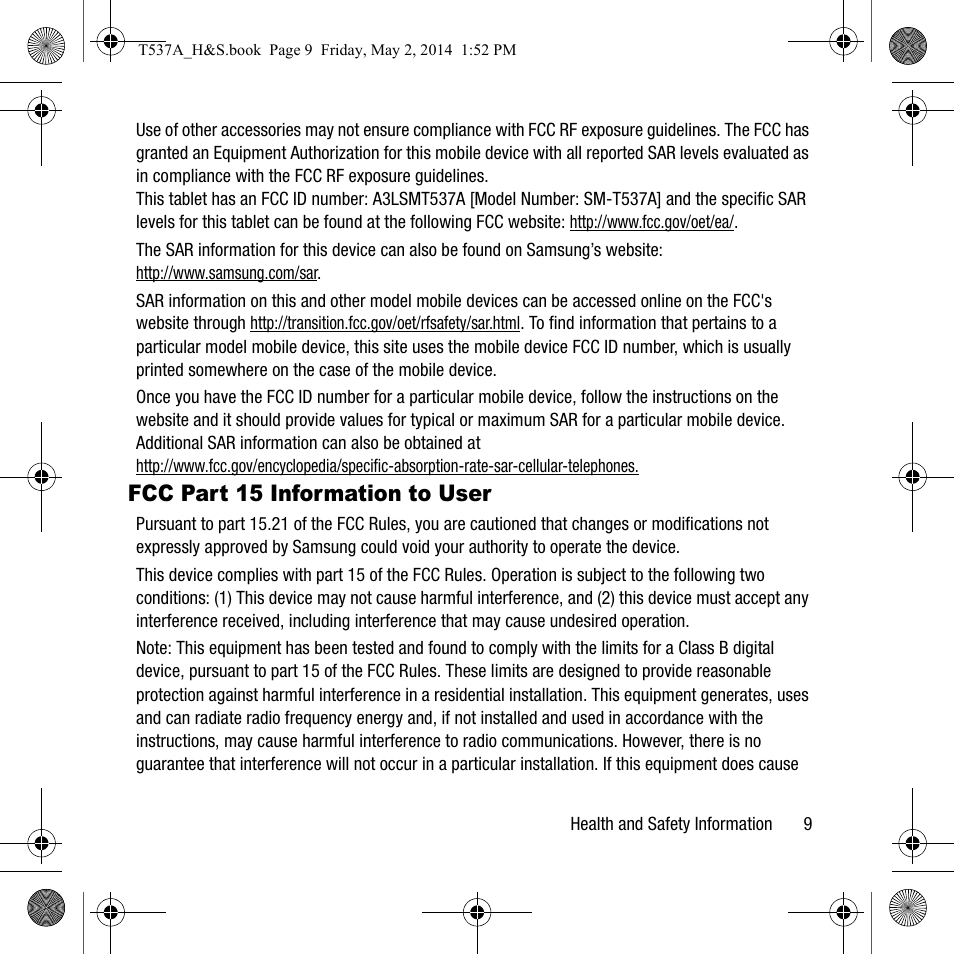 Fcc part 15 information to user | Samsung SM-T537AYKAATT User Manual | Page 13 / 43