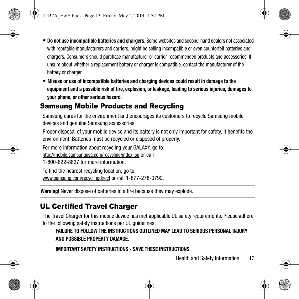 Samsung mobile products and, Recycling, Ul certified travel charger | Samsung mobile products and recycling | Samsung SM-T537AYKAATT User Manual | Page 17 / 43