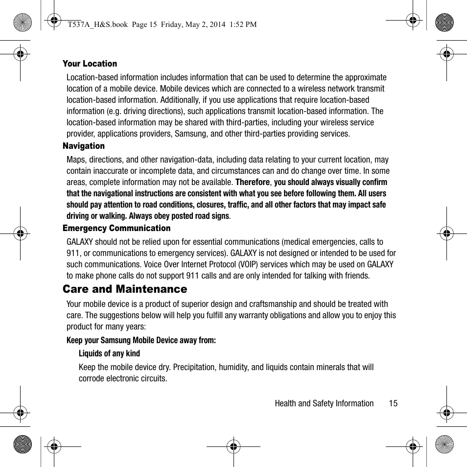Care and maintenance | Samsung SM-T537AYKAATT User Manual | Page 19 / 43