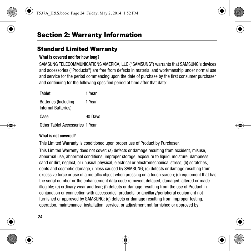 Section 2: warranty information . 24, Standard limited warranty | Samsung SM-T537AYKAATT User Manual | Page 28 / 43