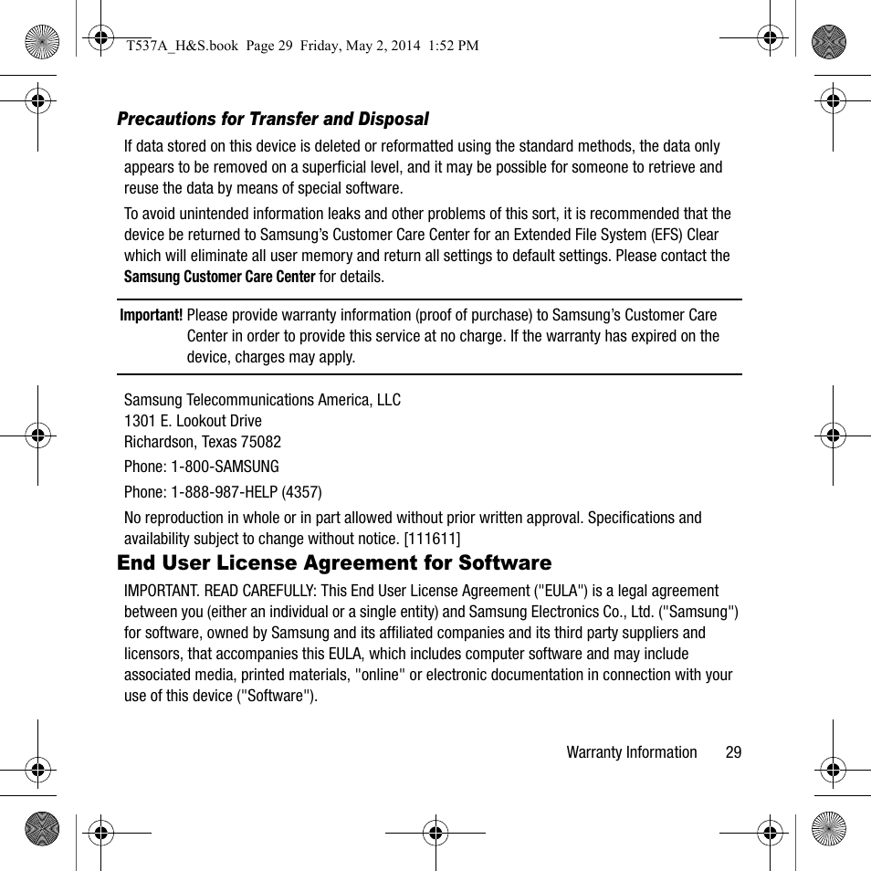 End user license agreement for, Software, End user license agreement for software | Samsung SM-T537AYKAATT User Manual | Page 33 / 43