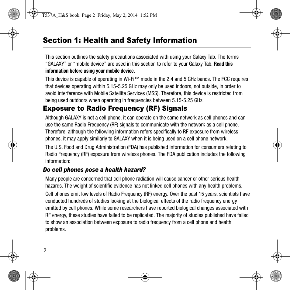Section 1: health and safety information, Exposure to radio frequency (rf), Signals | Samsung SM-T537AYKAATT User Manual | Page 6 / 43