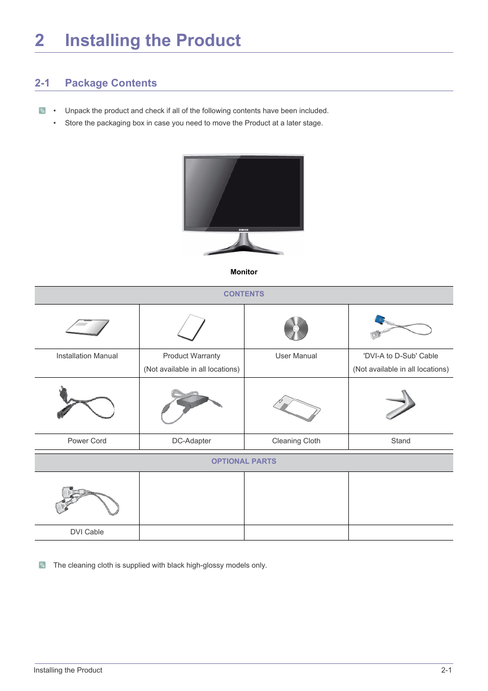 2 installing the product, 1 package contents, Installing the product | Package contents -1, 2installing the product | Samsung LS20B3UVMV-ZA User Manual | Page 11 / 44