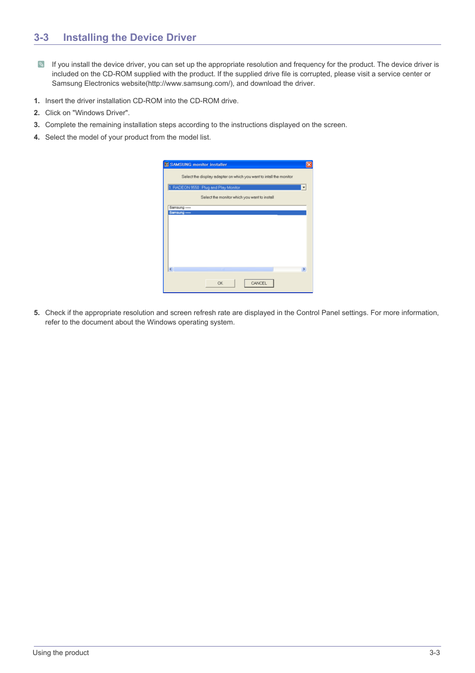 3 installing the device driver, Installing the device driver -3 | Samsung LS20B3UVMV-ZA User Manual | Page 19 / 44
