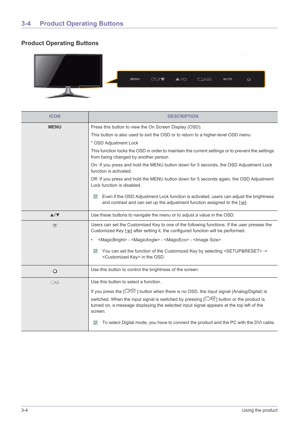 4 product operating buttons, Product operating buttons -4, Product operating buttons | Samsung LS20B3UVMV-ZA User Manual | Page 20 / 44