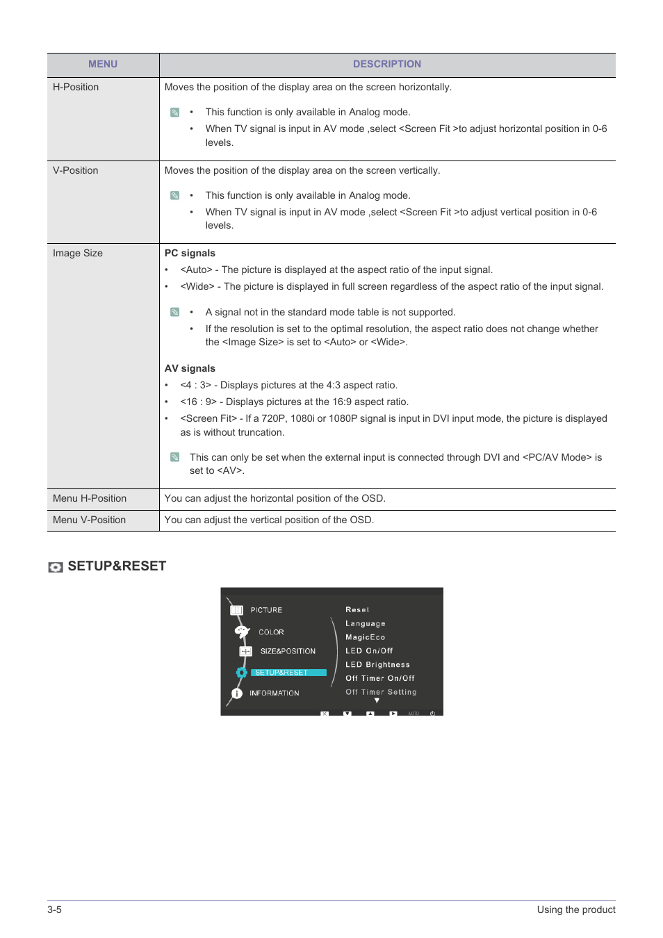 Setup&reset | Samsung LS20B3UVMV-ZA User Manual | Page 26 / 44
