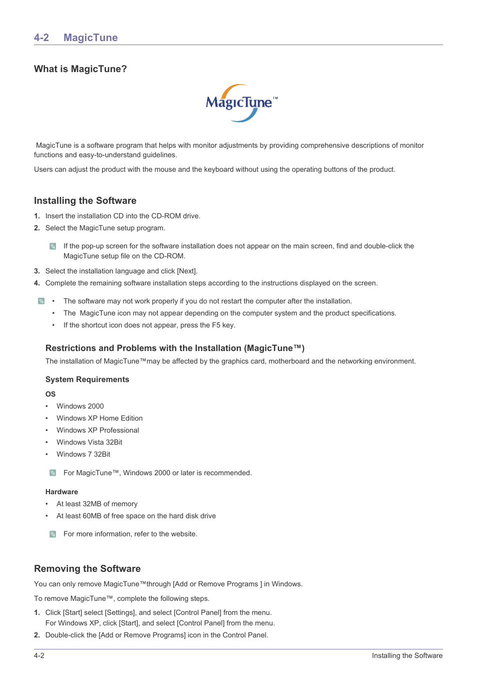 2 magictune, Magictune -2, What is magictune | Installing the software, Removing the software | Samsung LS20B3UVMV-ZA User Manual | Page 30 / 44