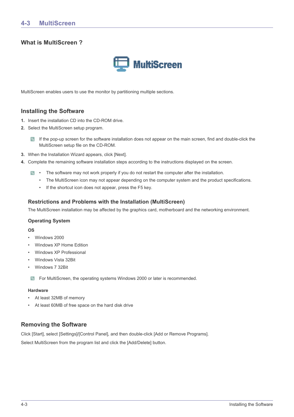 3 multiscreen, Multiscreen -3, What is multiscreen | Installing the software, Removing the software | Samsung LS20B3UVMV-ZA User Manual | Page 32 / 44