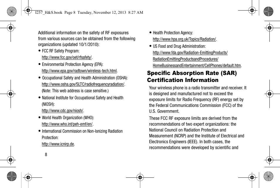 Specific absorption rate (sar) certification, Information | Samsung SGH-I257AIAATT User Manual | Page 14 / 57