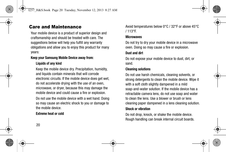 Care and maintenance | Samsung SGH-I257AIAATT User Manual | Page 26 / 57