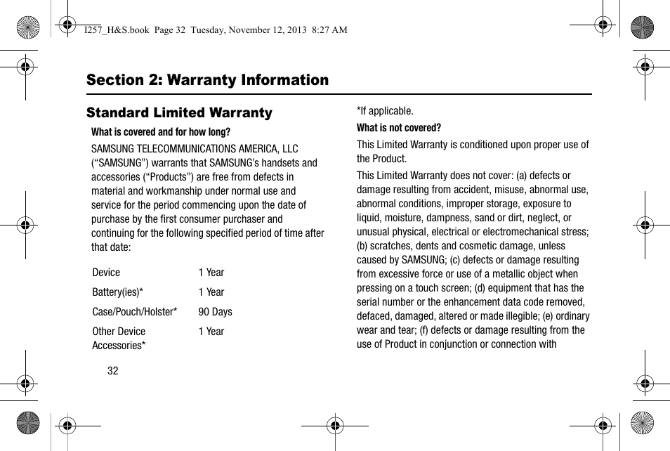 Section 2: warranty information, Standard limited warranty | Samsung SGH-I257AIAATT User Manual | Page 38 / 57