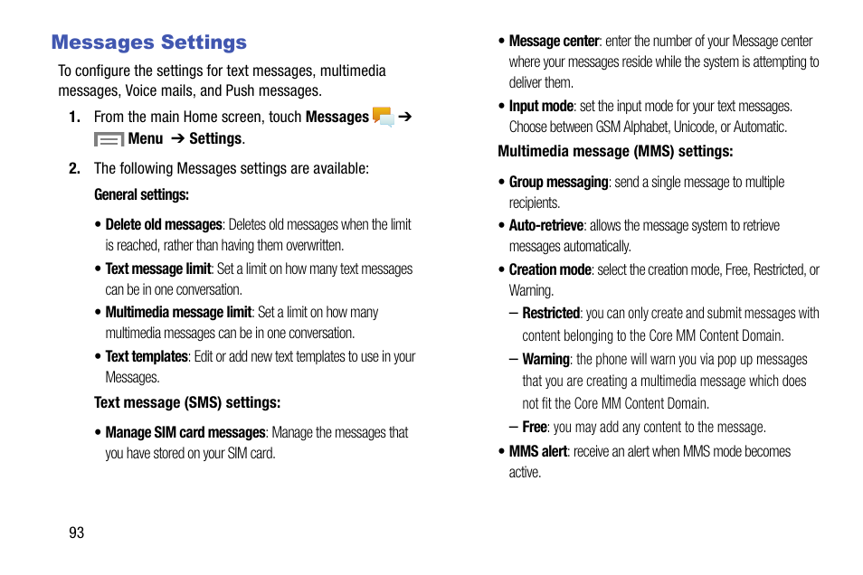 Messages settings | Samsung SM-C105AZWAATT User Manual | Page 100 / 230