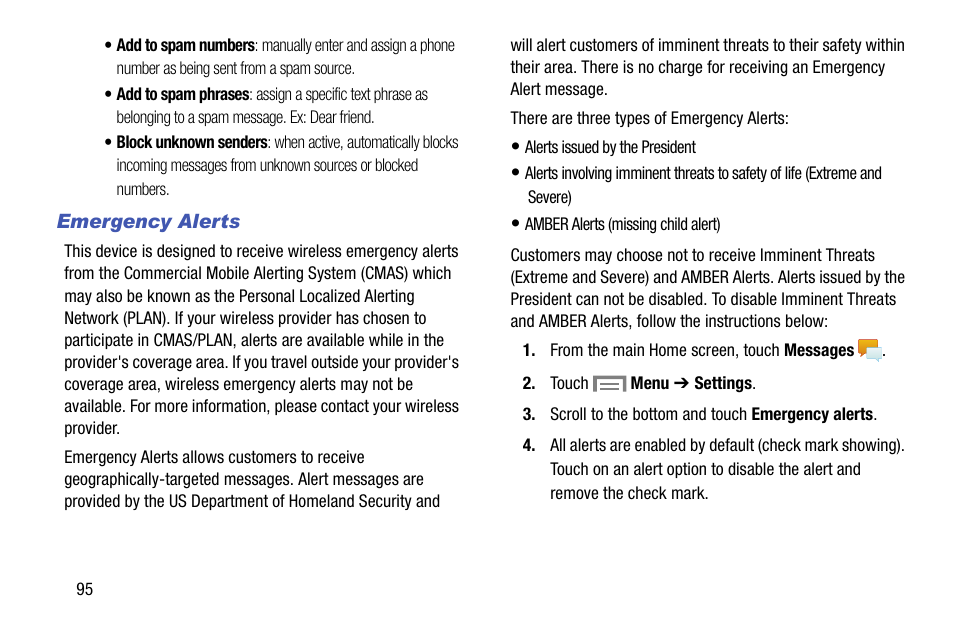 Emergency alerts | Samsung SM-C105AZWAATT User Manual | Page 102 / 230