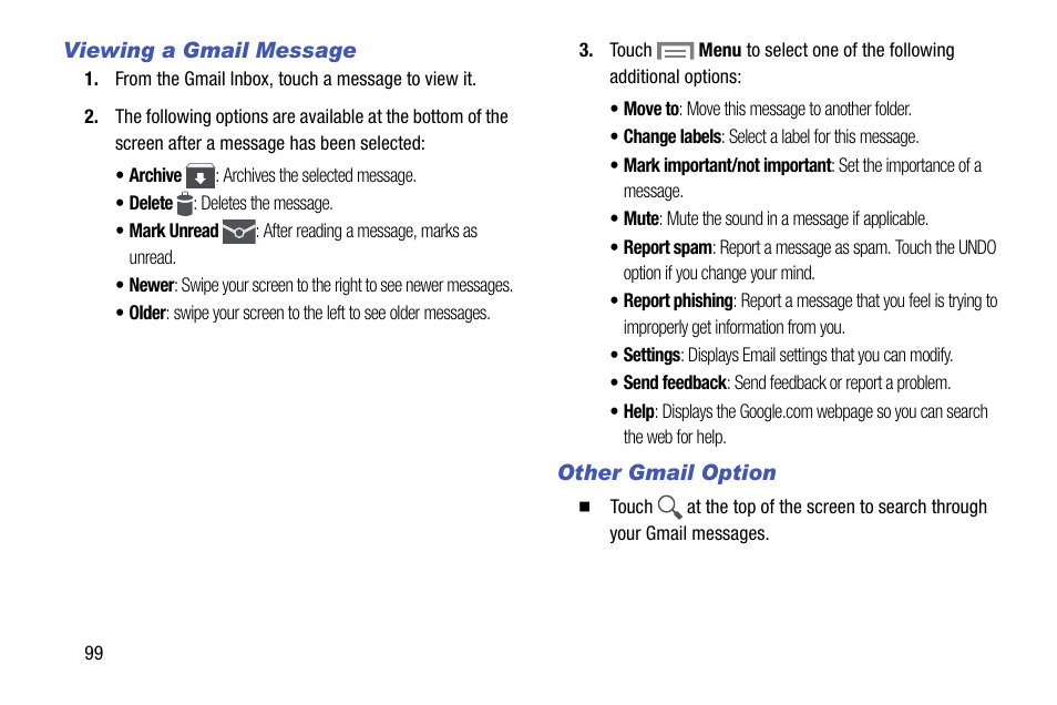 Viewing a gmail message, Other gmail option | Samsung SM-C105AZWAATT User Manual | Page 106 / 230