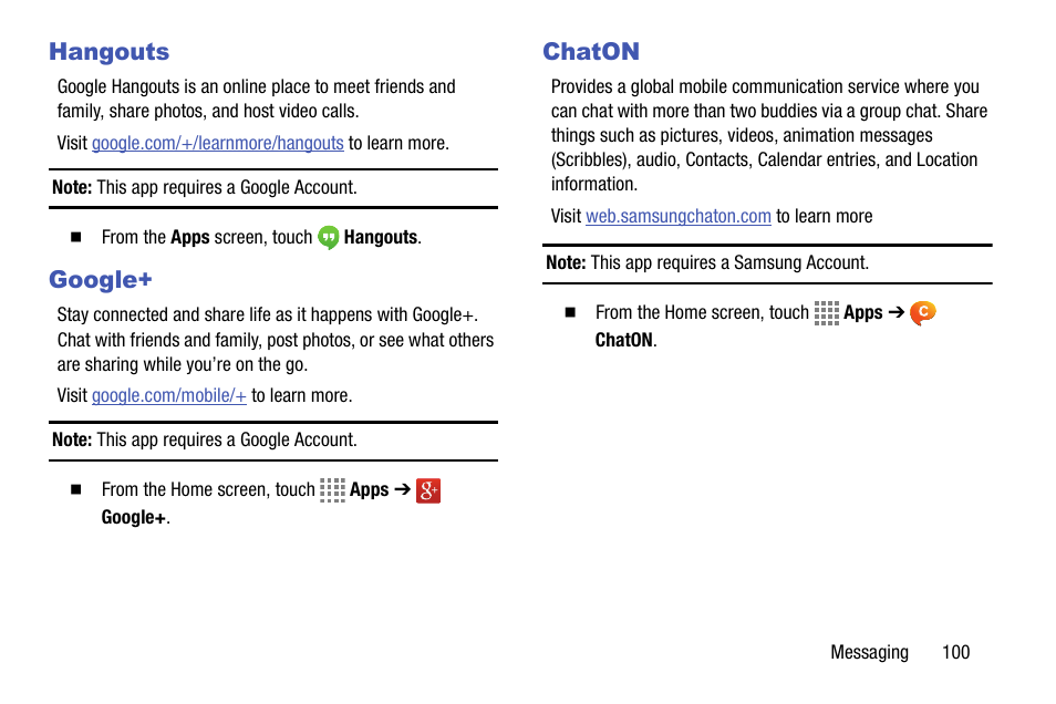 Hangouts, Google, Chaton | Hangouts google+ chaton | Samsung SM-C105AZWAATT User Manual | Page 107 / 230