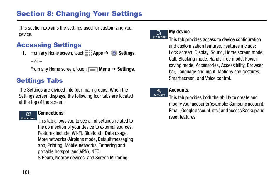 Section 8: changing your settings, Accessing settings, Settings tabs | Accessing settings settings tabs | Samsung SM-C105AZWAATT User Manual | Page 108 / 230