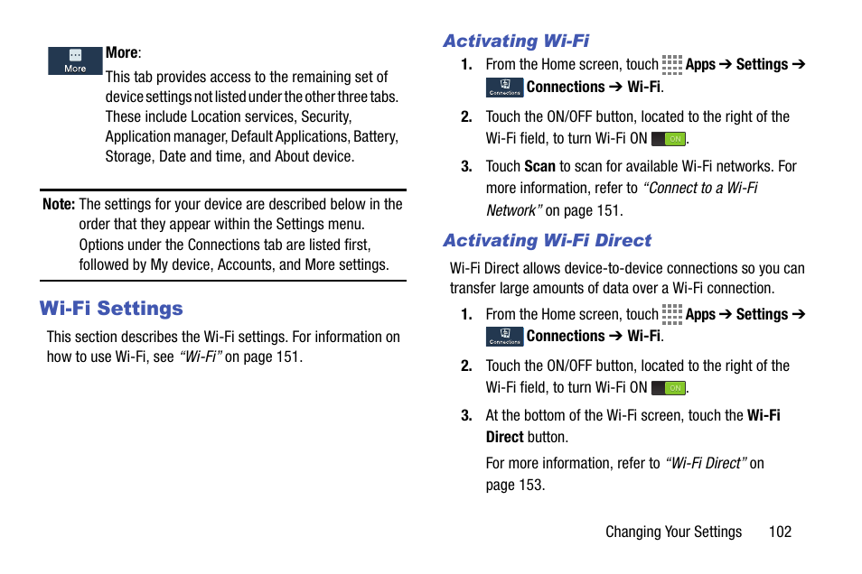 Wi-fi settings, Activating wi-fi, Activating wi-fi direct | Samsung SM-C105AZWAATT User Manual | Page 109 / 230