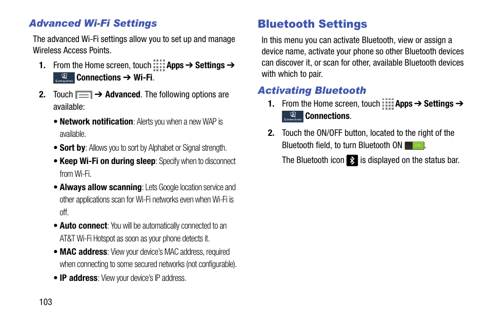 Advanced wi-fi settings, Bluetooth settings, Activating bluetooth | Samsung SM-C105AZWAATT User Manual | Page 110 / 230