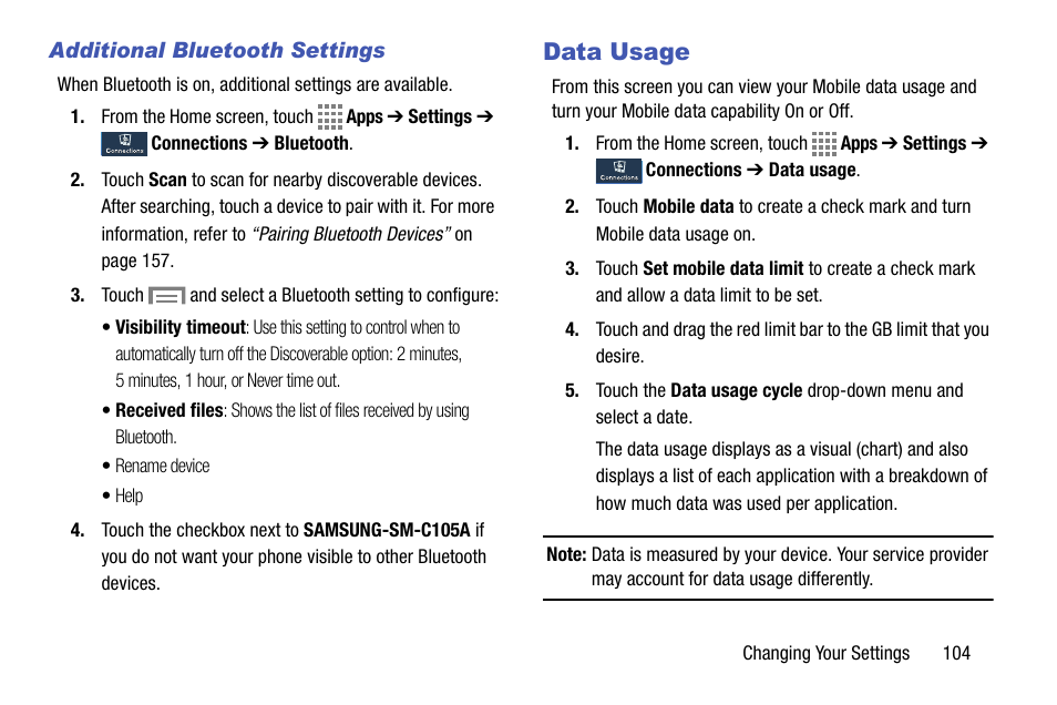 Additional bluetooth settings, Data usage | Samsung SM-C105AZWAATT User Manual | Page 111 / 230