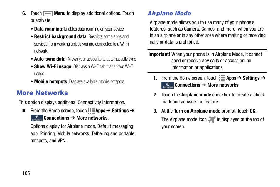 More networks, Airplane mode | Samsung SM-C105AZWAATT User Manual | Page 112 / 230