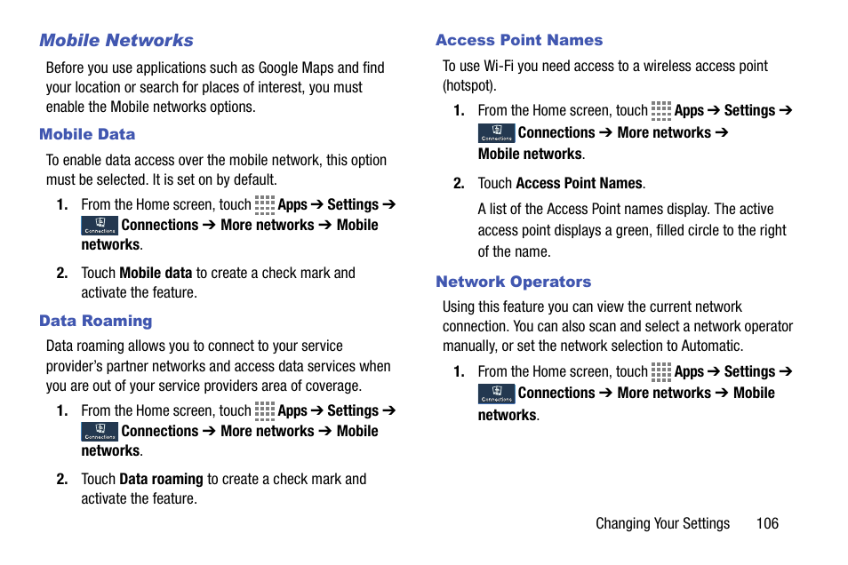 Mobile networks, Mobile data, Data roaming | Access point names, Network operators | Samsung SM-C105AZWAATT User Manual | Page 113 / 230