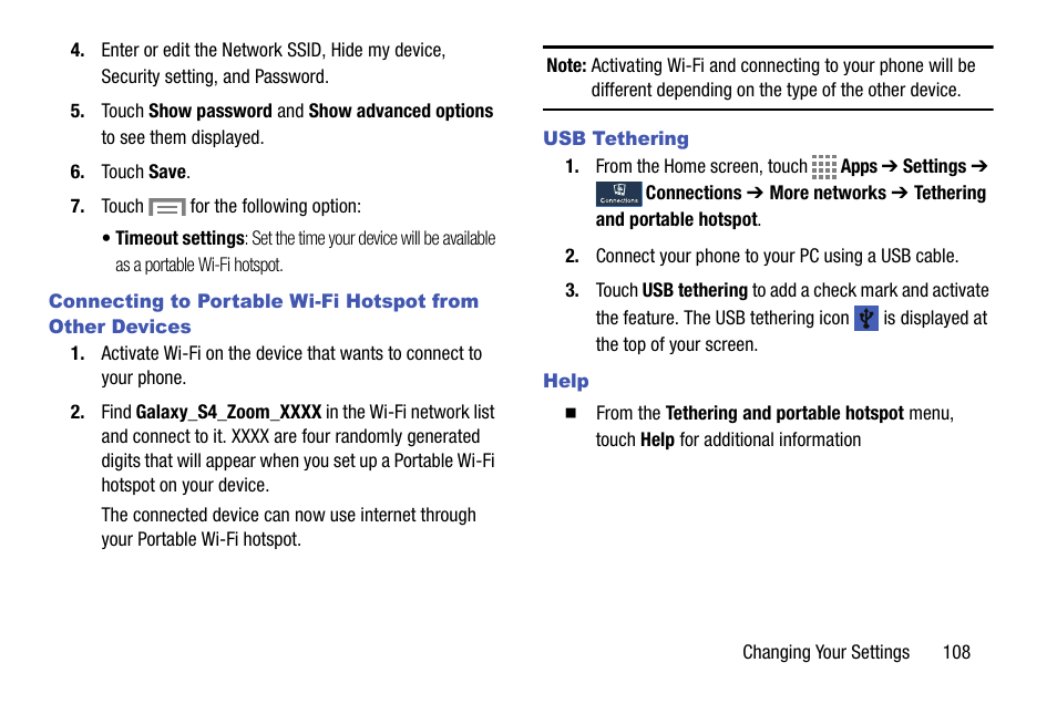 Usb tethering, Help | Samsung SM-C105AZWAATT User Manual | Page 115 / 230