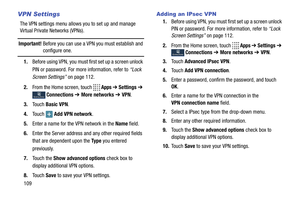 Vpn settings, Adding an ipsec vpn | Samsung SM-C105AZWAATT User Manual | Page 116 / 230