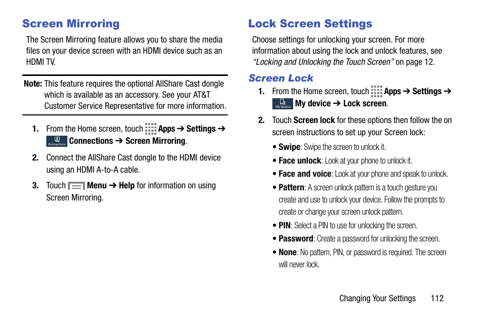 Screen mirroring, Lock screen settings, Screen lock | Screen mirroring lock screen settings | Samsung SM-C105AZWAATT User Manual | Page 119 / 230