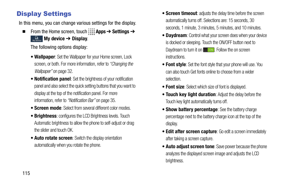 Display settings | Samsung SM-C105AZWAATT User Manual | Page 122 / 230
