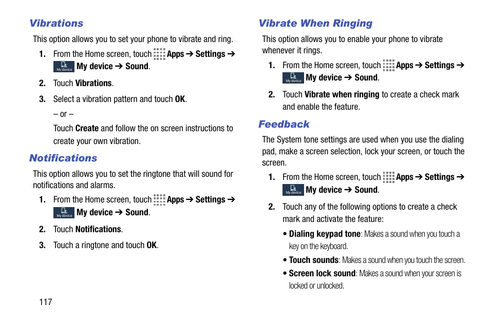 Vibrations, Notifications, Vibrate when ringing | Feedback | Samsung SM-C105AZWAATT User Manual | Page 124 / 230