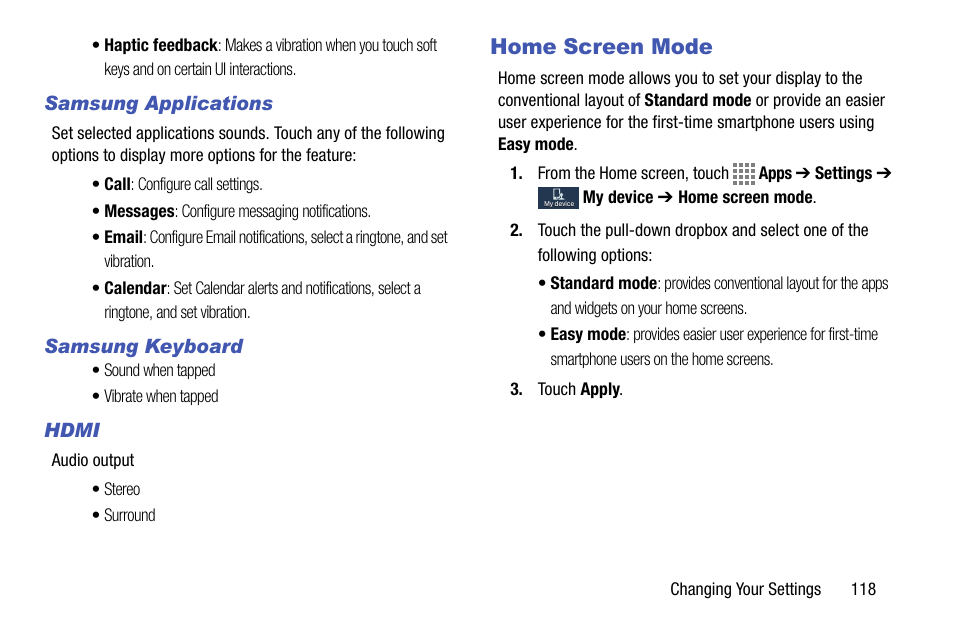 Samsung applications, Samsung keyboard, Hdmi | Home screen mode | Samsung SM-C105AZWAATT User Manual | Page 125 / 230