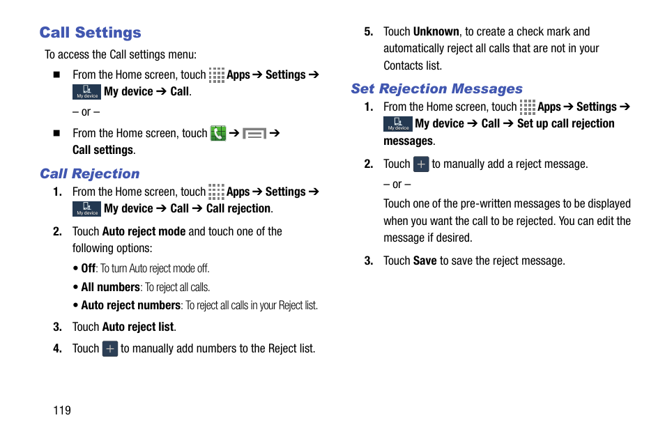 Call settings, Call rejection, Set rejection messages | Samsung SM-C105AZWAATT User Manual | Page 126 / 230