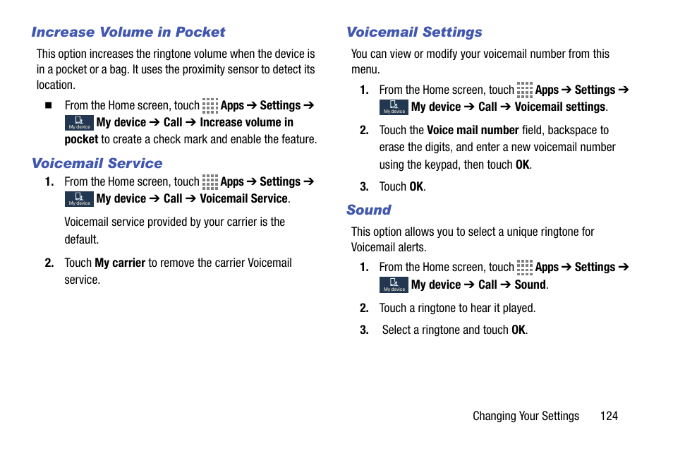 Increase volume in pocket, Voicemail service, Voicemail settings | Sound | Samsung SM-C105AZWAATT User Manual | Page 131 / 230
