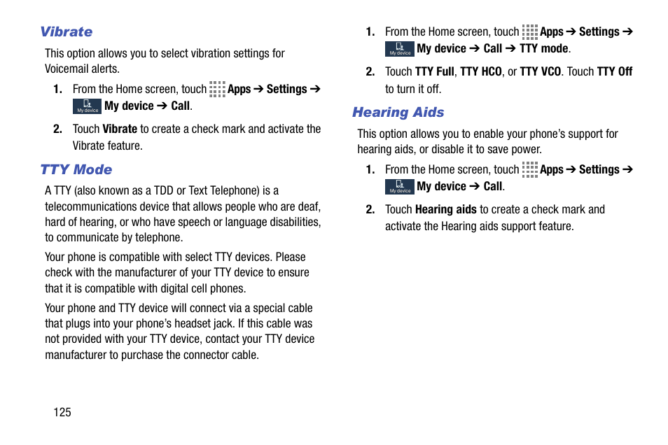 Vibrate, Tty mode, Hearing aids | Samsung SM-C105AZWAATT User Manual | Page 132 / 230