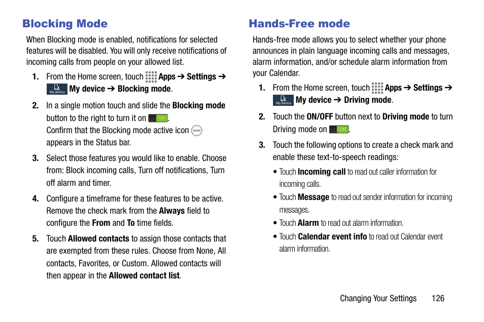 Blocking mode, Hands-free mode, Blocking mode hands-free mode | Samsung SM-C105AZWAATT User Manual | Page 133 / 230