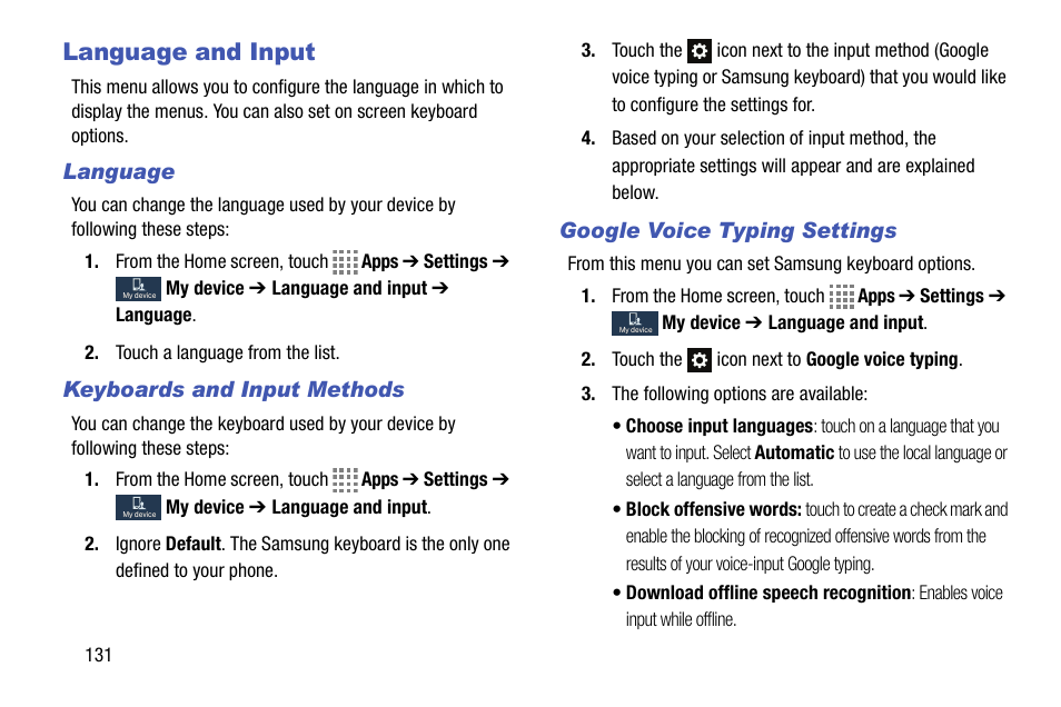 Language and input, Language, Keyboards and input methods | Google voice typing settings | Samsung SM-C105AZWAATT User Manual | Page 138 / 230