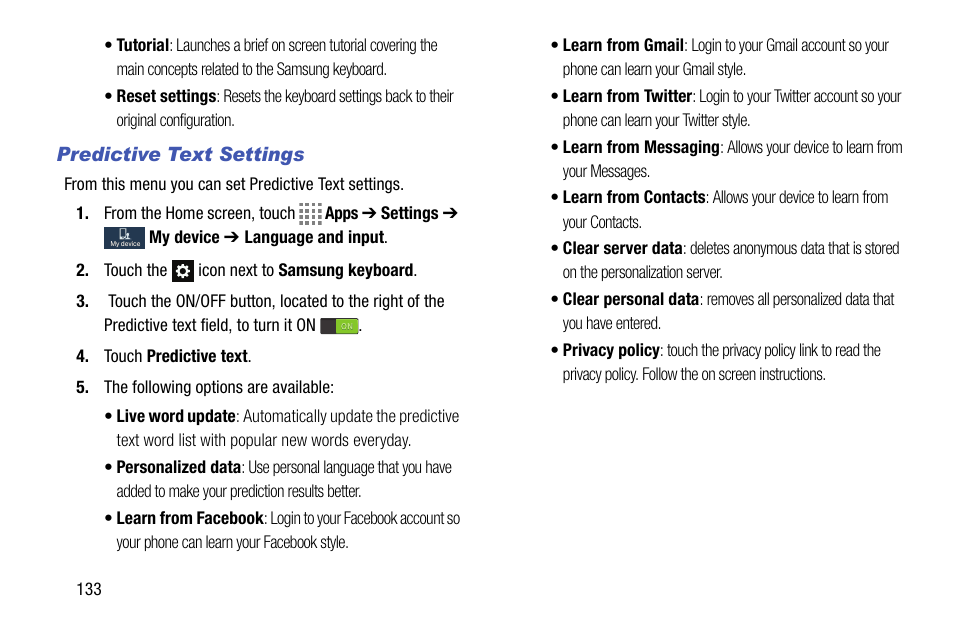 Predictive text settings | Samsung SM-C105AZWAATT User Manual | Page 140 / 230