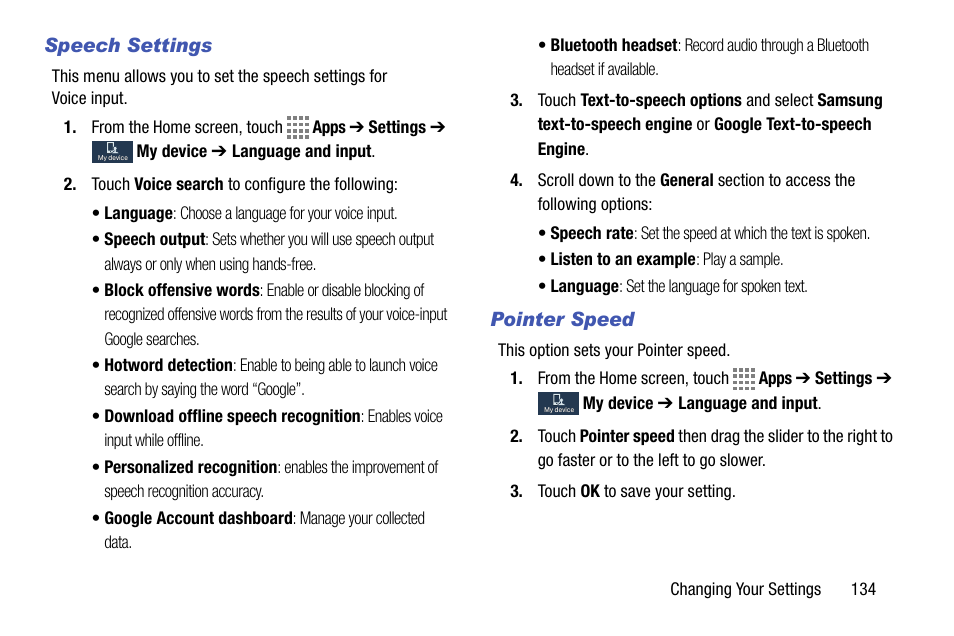 Speech settings, Pointer speed | Samsung SM-C105AZWAATT User Manual | Page 141 / 230