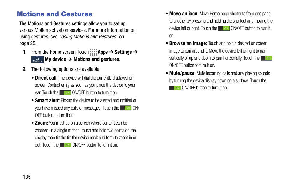 Motions and gestures | Samsung SM-C105AZWAATT User Manual | Page 142 / 230