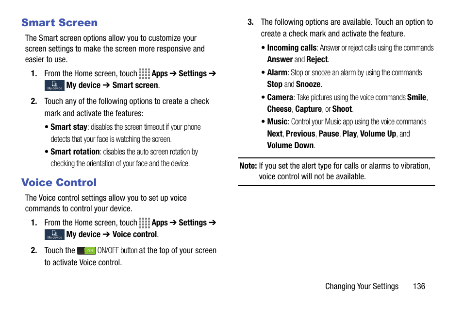 Smart screen, Voice control, Smart screen voice control | Samsung SM-C105AZWAATT User Manual | Page 143 / 230