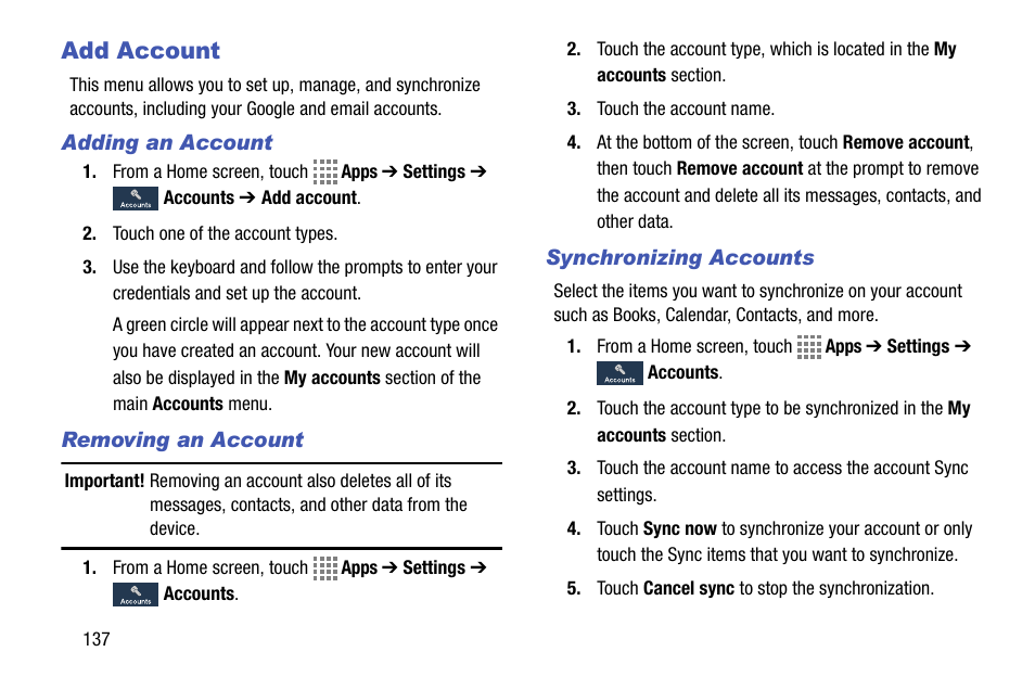 Add account, Adding an account, Removing an account | Synchronizing accounts | Samsung SM-C105AZWAATT User Manual | Page 144 / 230