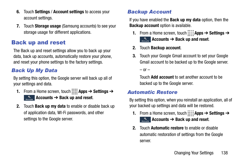 Back up and reset, Back up my data, Backup account | Automatic restore | Samsung SM-C105AZWAATT User Manual | Page 145 / 230