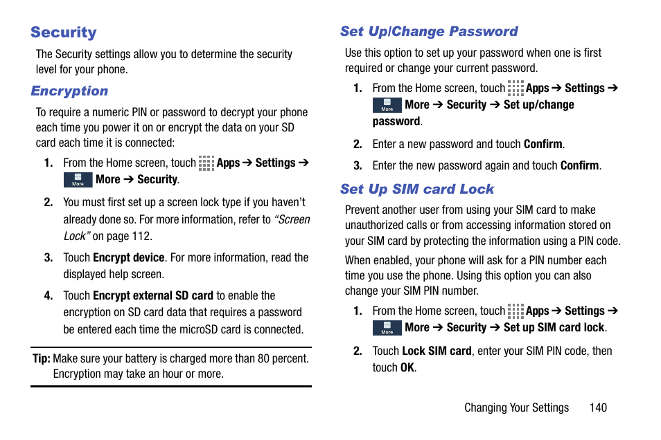 Security, Encryption, Set up/change password | Set up sim card lock | Samsung SM-C105AZWAATT User Manual | Page 147 / 230