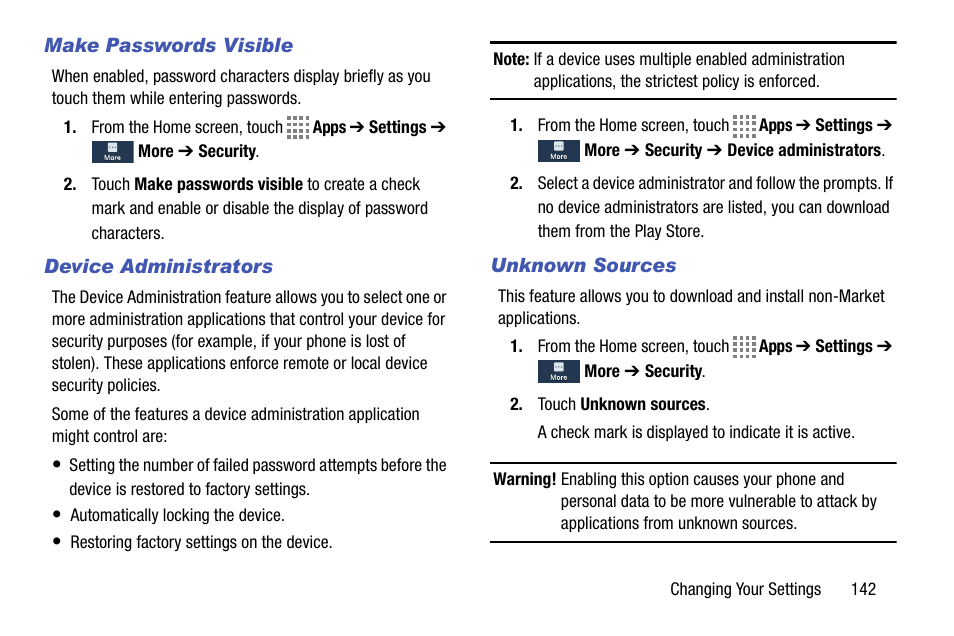 Make passwords visible, Device administrators, Unknown sources | Samsung SM-C105AZWAATT User Manual | Page 149 / 230