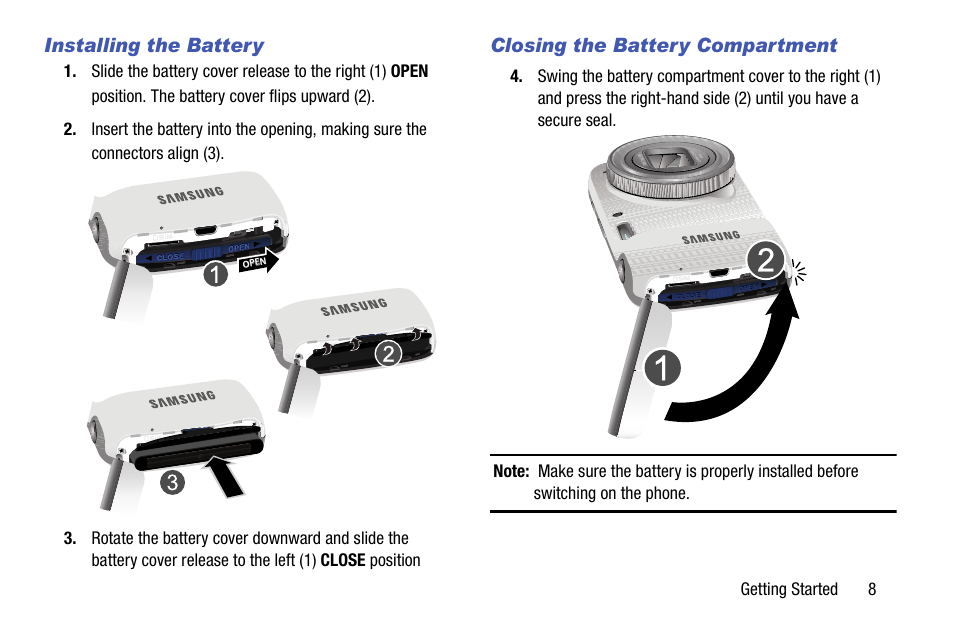 Installing the battery, Closing the battery compartment | Samsung SM-C105AZWAATT User Manual | Page 15 / 230