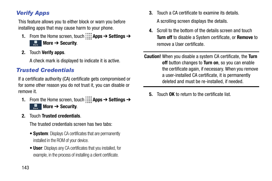 Verify apps, Trusted credentials | Samsung SM-C105AZWAATT User Manual | Page 150 / 230