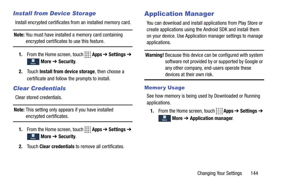 Install from device storage, Clear credentials, Application manager | Memory usage | Samsung SM-C105AZWAATT User Manual | Page 151 / 230