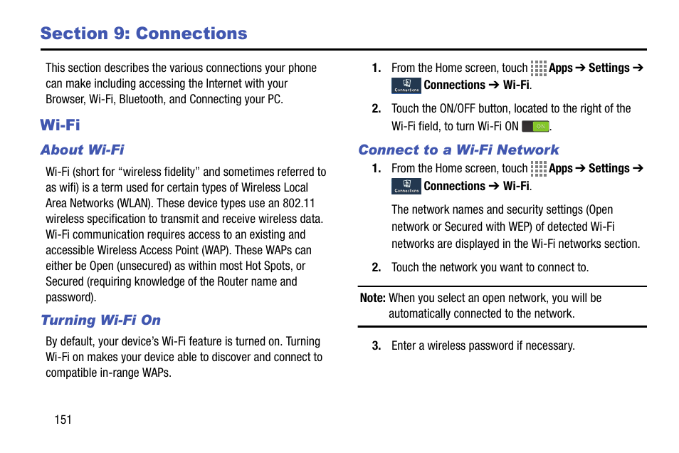 Section 9: connections, Wi-fi, About wi-fi | Turning wi-fi on, Connect to a wi-fi network, Ks. for, More information, refer to “connect to a wi-fi | Samsung SM-C105AZWAATT User Manual | Page 158 / 230